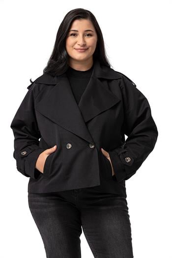 Büyük Beden Mono Yaka Apoletli Cepli Oversize Astarlı Siyah Kısa Trençkot 