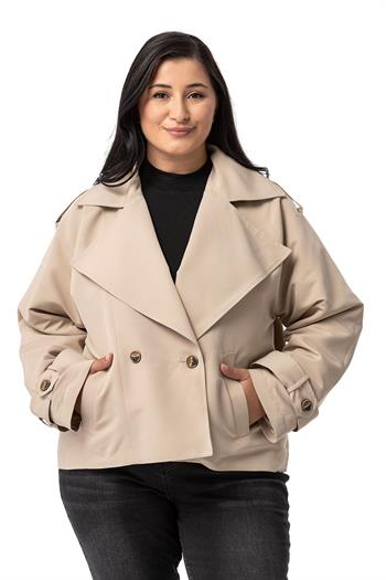 Büyük Beden Mono Yaka Apoletli Cepli Oversize Astarlı Bej Rengi Kısa Trençkot 