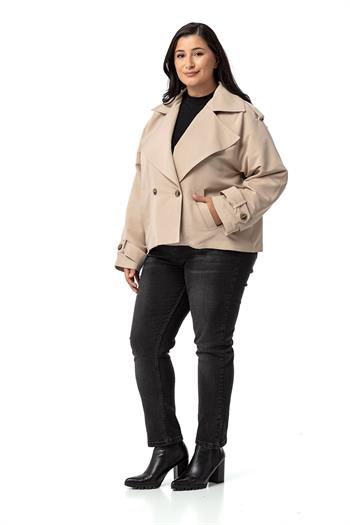 Büyük Beden Mono Yaka Apoletli Cepli Oversize Astarlı Bej Rengi Kısa Trençkot 
