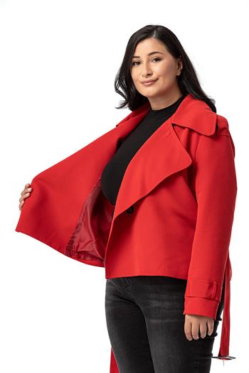 Büyük Beden Mono Yaka Kemerli Astarlı Kısa Kırmızı Trençkot