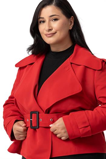 Büyük Beden Mono Yaka Kemerli Astarlı Kısa Kırmızı Trençkot