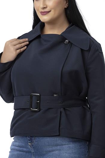 Büyük Beden Mono Yaka Kemerli Astarlı Kısa Lacivert Trençkot