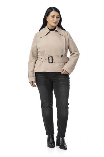 Büyük Beden Mono Yaka Kemerli Astarlı Kısa Bej Rengi Trençkot