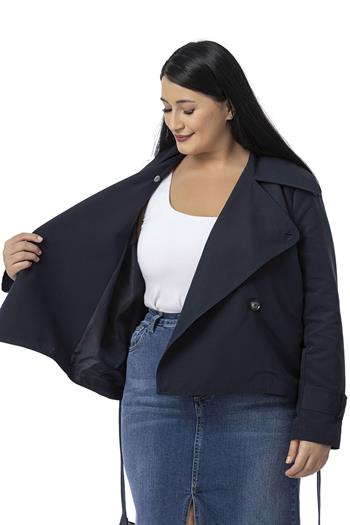 Büyük Beden Mono Yaka Kemerli Astarlı Kısa Lacivert Trençkot