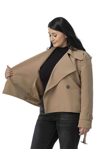 Büyük Beden Mono Yaka Kemerli Astarlı Kısa Vizon Trençkot