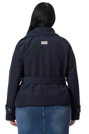 Büyük Beden Mono Yaka Kemerli Astarlı Kısa Lacivert Trençkot