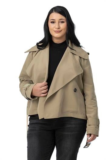 Büyük Beden Mono Yaka Kemerli Astarlı Kısa Çağla Yeşili Trençkot