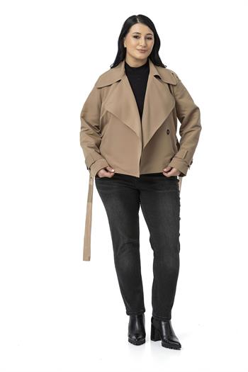 Büyük Beden Mono Yaka Kemerli Astarlı Kısa Vizon Trençkot