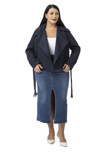 Büyük Beden Mono Yaka Kemerli Astarlı Kısa Lacivert Trençkot