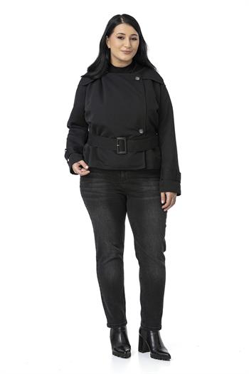 Büyük Beden Mono Yaka Kemerli Astarlı Kısa Siyah Trençkot
