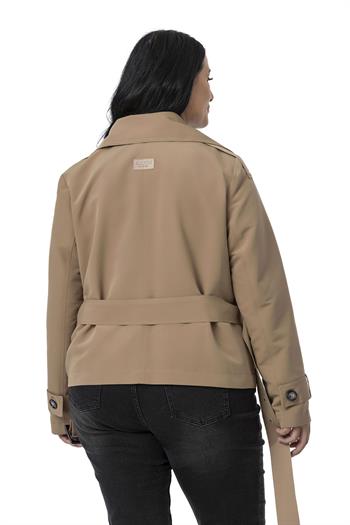 Büyük Beden Mono Yaka Kemerli Astarlı Kısa Vizon Trençkot