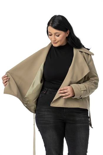 Büyük Beden Mono Yaka Kemerli Astarlı Kısa Çağla Yeşili Trençkot