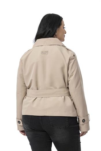 Büyük Beden Mono Yaka Kemerli Astarlı Kısa Bej Rengi Trençkot
