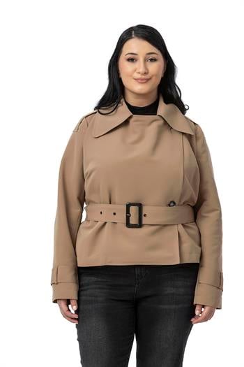Büyük Beden Mono Yaka Kemerli Astarlı Kısa Vizon Trençkot