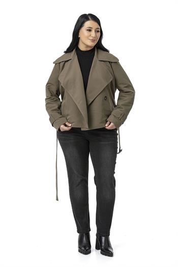 Büyük Beden Mono Yaka Kemerli Astarlı Kısa Haki Trençkot