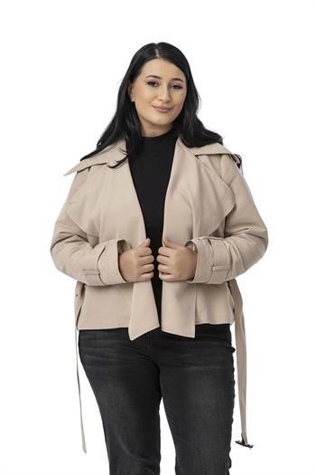 Büyük Beden Mono Yaka Kemerli Astarlı Kısa Bej Rengi Trençkot