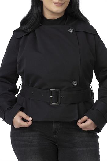 Büyük Beden Mono Yaka Kemerli Astarlı Kısa Siyah Trençkot