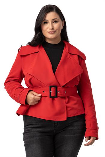 Büyük Beden Mono Yaka Kemerli Astarlı Kısa Kırmızı Trençkot