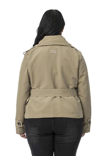 Büyük Beden Mono Yaka Kemerli Astarlı Kısa Çağla Yeşili Trençkot