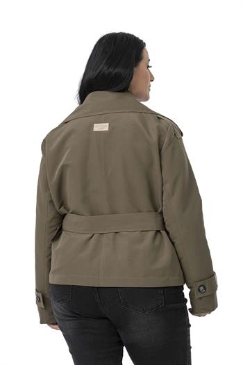 Büyük Beden Mono Yaka Kemerli Astarlı Kısa Haki Trençkot