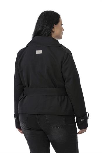 Büyük Beden Mono Yaka Kemerli Astarlı Kısa Siyah Trençkot