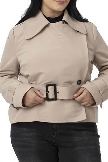 Büyük Beden Mono Yaka Kemerli Astarlı Kısa Bej Rengi Trençkot