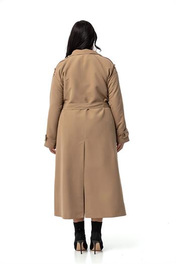 Büyük Beden Mono Yaka Kruvaze Kapamalı Yırtmaçlı Astarlı Uzun Vizon Trençkot