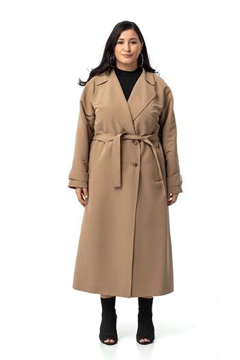 Büyük Beden Mono Yaka Kruvaze Kapamalı Yırtmaçlı Astarlı Uzun Vizon Trençkot