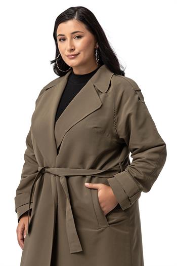 Büyük Beden Mono Yaka Kruvaze Kapamalı Yırtmaçlı Astarlı Uzun Haki Trençkot