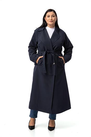 Büyük Beden Mono Yaka Kruvaze Kapamalı Yırtmaçlı Astarlı Uzun Lacivert Trençkot