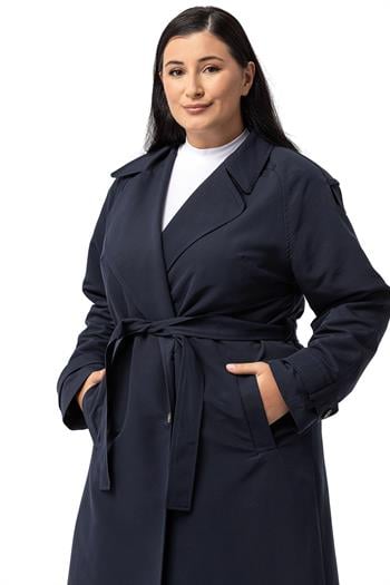 Büyük Beden Mono Yaka Kruvaze Kapamalı Yırtmaçlı Astarlı Uzun Lacivert Trençkot