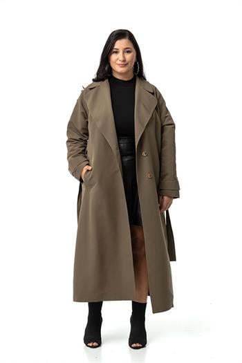 Büyük Beden Mono Yaka Kruvaze Kapamalı Yırtmaçlı Astarlı Uzun Haki Trençkot