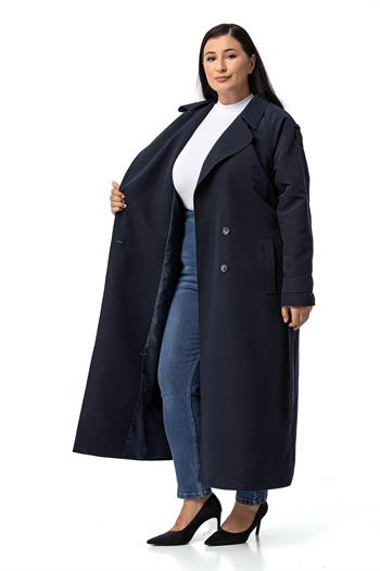 Büyük Beden Mono Yaka Kruvaze Kapamalı Yırtmaçlı Astarlı Uzun Lacivert Trençkot