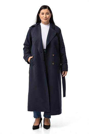 Büyük Beden Mono Yaka Kruvaze Kapamalı Yırtmaçlı Astarlı Uzun Lacivert Trençkot