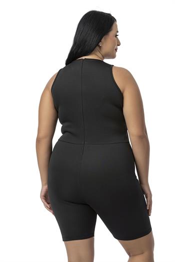 Büyük Beden Arkadan Fermuarlı Siyah Kısa Taytlı Tulum