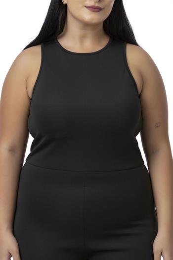 Büyük Beden Arkadan Fermuarlı Siyah Kısa Taytlı Tulum