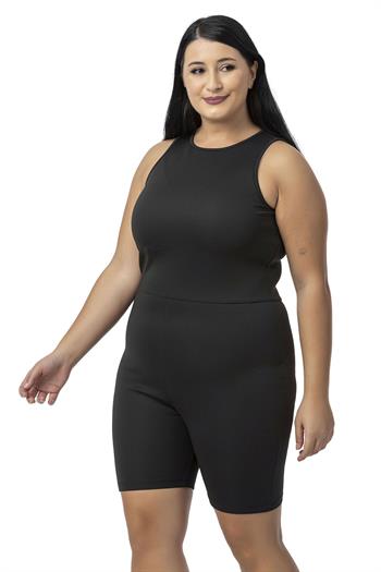 Büyük Beden Arkadan Fermuarlı Siyah Kısa Taytlı Tulum