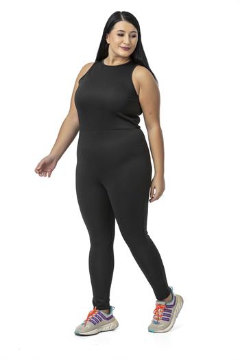 Büyük Beden Arkadan Fermuarlı Siyah Uzun Taytlı Tulum