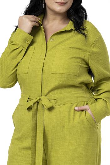 Büyük Beden Beli Tünelli ve Arkadan Lastikli Geniş Paça Fıstık Yeşili Tulum