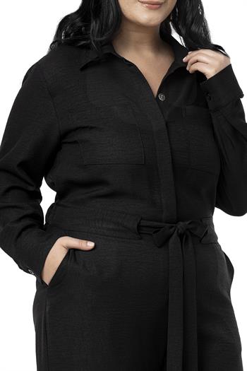 Büyük Beden Beli Tünelli ve Arkadan Lastikli Geniş Paça Siyah Tulum