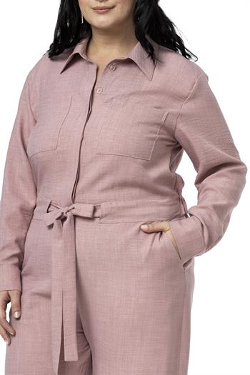 Büyük Beden Beli Tünelli ve Arkadan Lastikli Geniş Paça Pembe Tulum