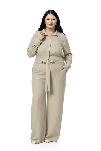 Büyük Beden Beli Tünelli ve Arkadan Lastikli Geniş Paça Bej Rengi Tulum