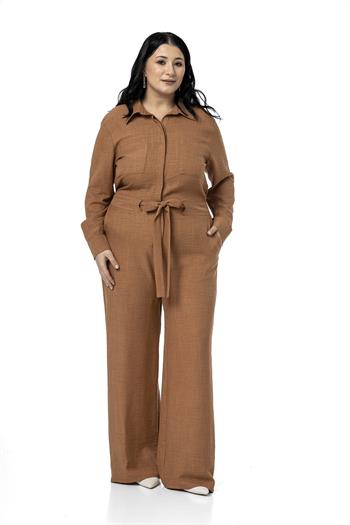 Büyük Beden Beli Tünelli ve Arkadan Lastikli Geniş Paça Tarçın Tulum