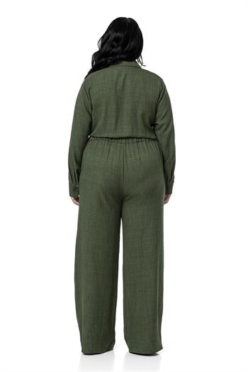 Büyük Beden Beli Tünelli ve Arkadan Lastikli Geniş Paça Haki Tulum