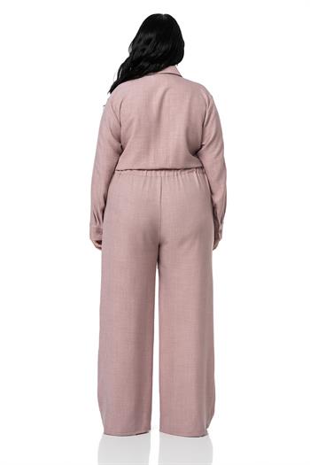 Büyük Beden Beli Tünelli ve Arkadan Lastikli Geniş Paça Pembe Tulum