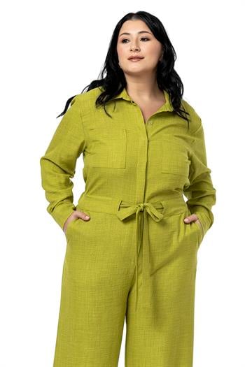 Büyük Beden Beli Tünelli ve Arkadan Lastikli Geniş Paça Fıstık Yeşili Tulum