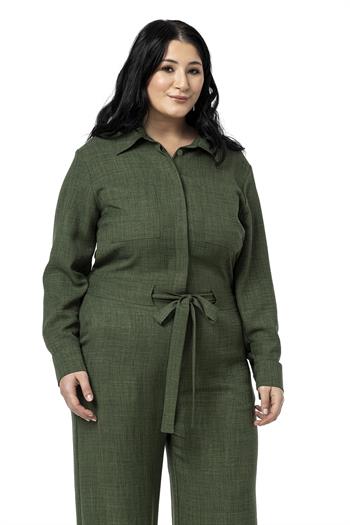 Büyük Beden Beli Tünelli ve Arkadan Lastikli Geniş Paça Haki Tulum