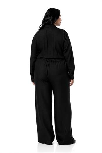 Büyük Beden Beli Tünelli ve Arkadan Lastikli Geniş Paça Siyah Tulum