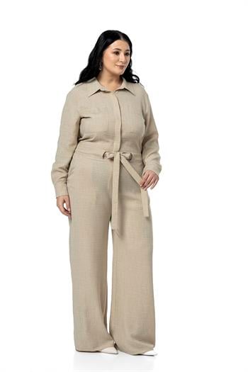 Büyük Beden Beli Tünelli ve Arkadan Lastikli Geniş Paça Bej Rengi Tulum