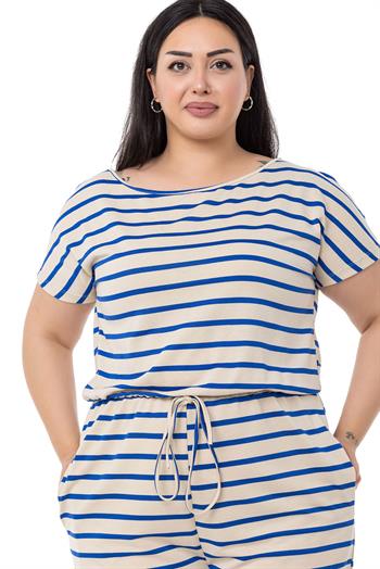 Büyük Beden Düşük Kollu Beli Lastikli Cepli Saks Mavi Çizgili Şort Tulum